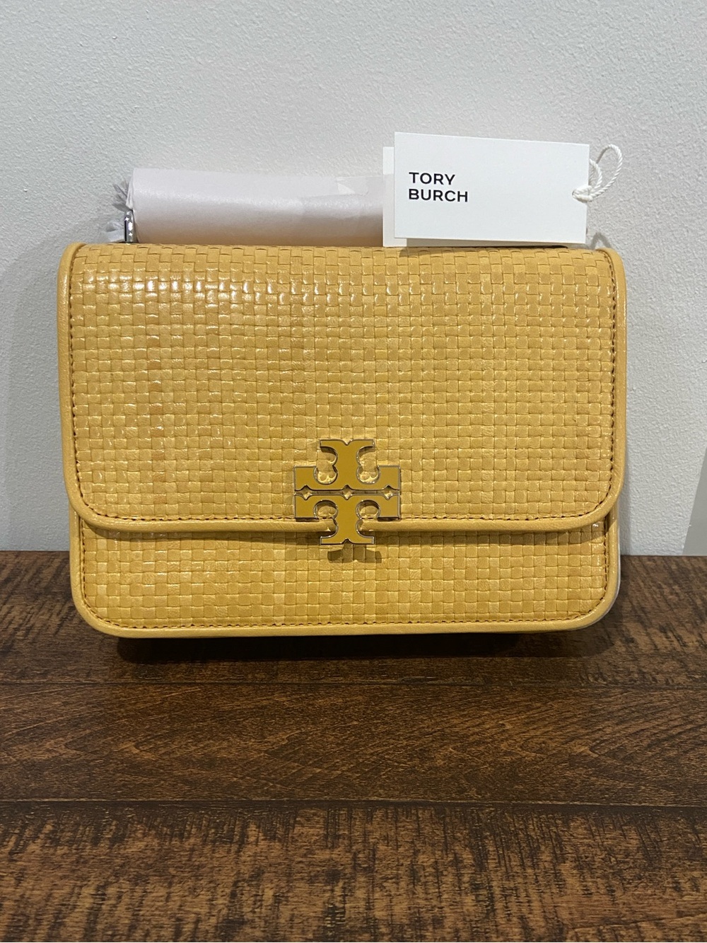 Tory Burch Britten Woven Small Shoulder Bag in the color Dark Sun